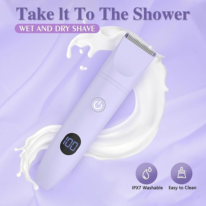 3-in-1 Bikini Trimmer for Women, IPX7 Waterproof Electric Shaver for Women-Rechargeable Electric Razors for Pubic, Facial & Body Hair Trimmer with LED Display, Travel Kit & Painless Blades (Purple)-BrightBean Baby