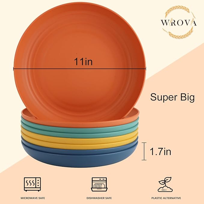 Wrova Large Wheat Straw Dinner Plates - 11 Inch Unbreakable Big Set of 8 - Dishwasher & Microwave Safe Plastic Plates - Deep Edge for Kitchen & Camping (Colorful)