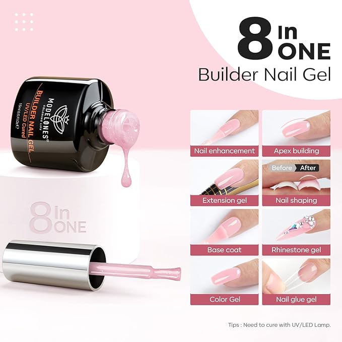 modelones Builder Nail Gel, 8-in-One Nude Pink Glitter Builder, Rainbow Iridescent Shimmer Nail Gel Polish, Jelly Pink Sparkle LED Lamp Cured Hard Rubber Color Base for Home DIY Salon Girls-BrightBean Baby