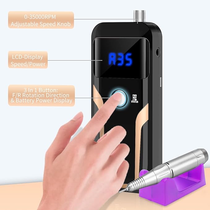 Portable Nail Drill Professional 35000 RPM, MOCOWIND Rechargeable Electric Nail File Machine for Acrylic Nails Gel Polishing Removing, Cordless E-File with Bits Kit for Manicure Salon Home, Black-BrightBean Baby