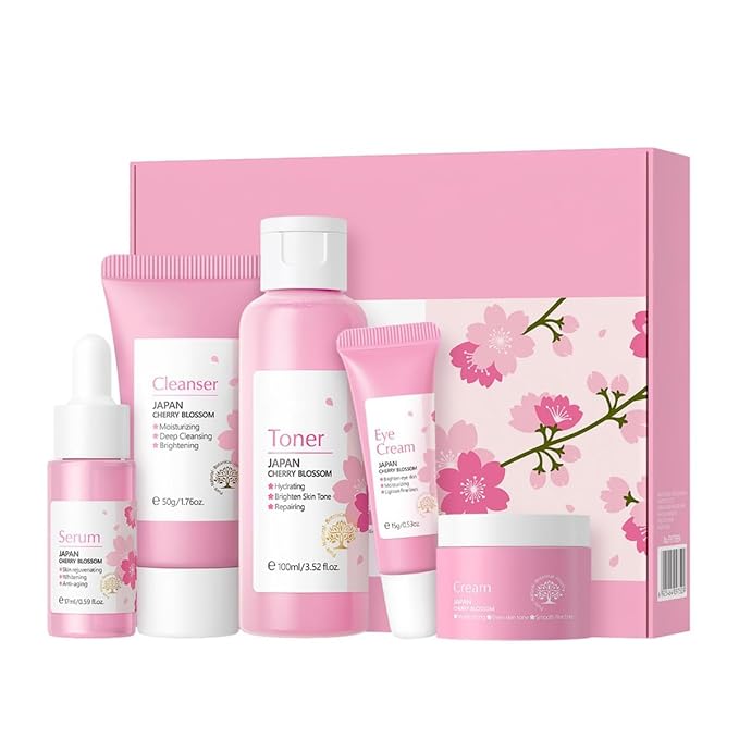 Greyghost Skin Care Set for Teenage Girls Women, 5 Pcs Cherry Blossom Skincare Set - Cleanser, Toner, Serum, Eye cream, Cream, Gentle Skin Cleaning & Care Gift Set, Travel Size Skin Care Set-BrightBean Baby
