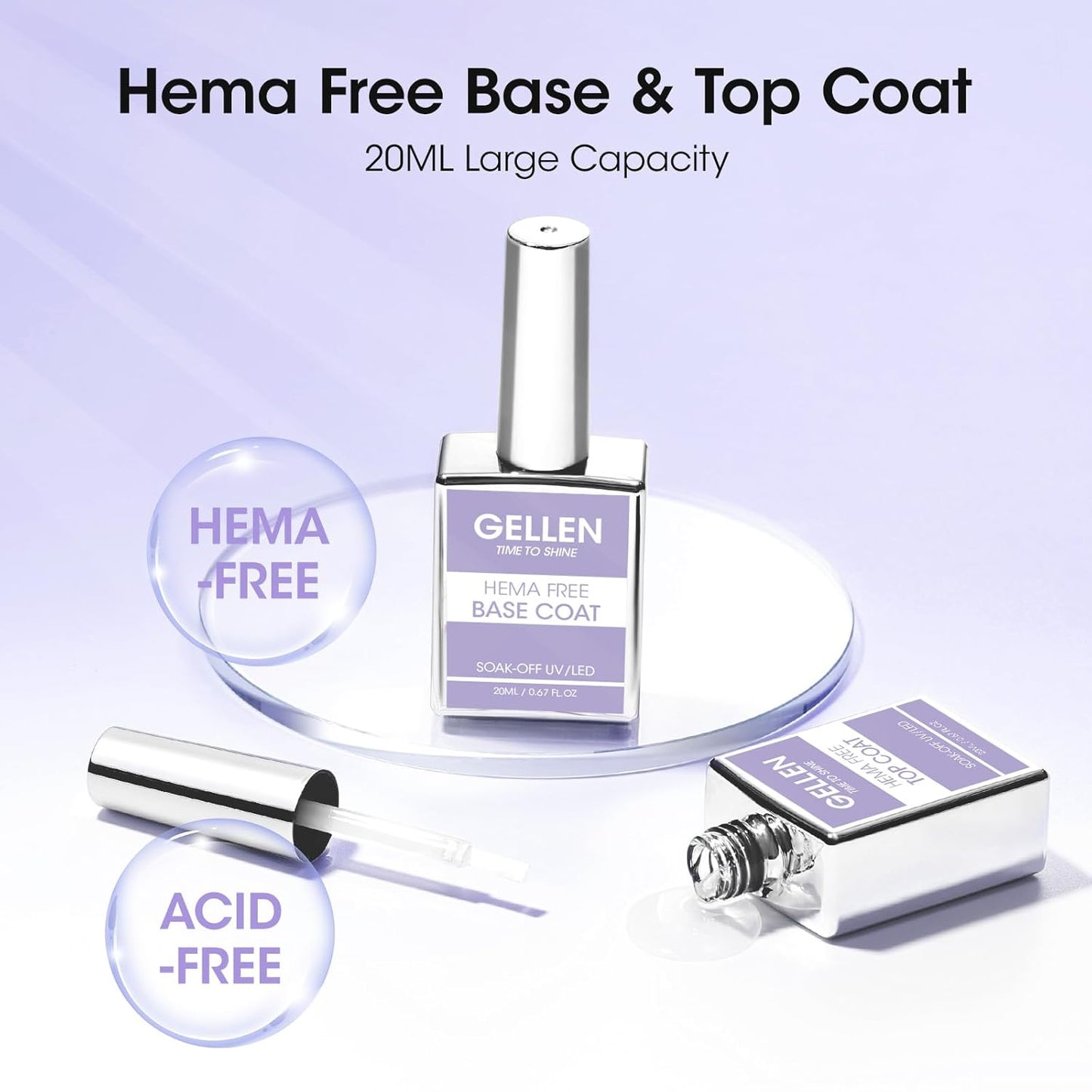 GELLEN 20ml Gel Base and Top Coat, Hema-Free Glossy Top Coat and Base Coat for Gel Nail Polish, No Wipe Soak Off Curing Needed Clear Nail Polish, Easy DIY Manicure Set-BrightBean Baby