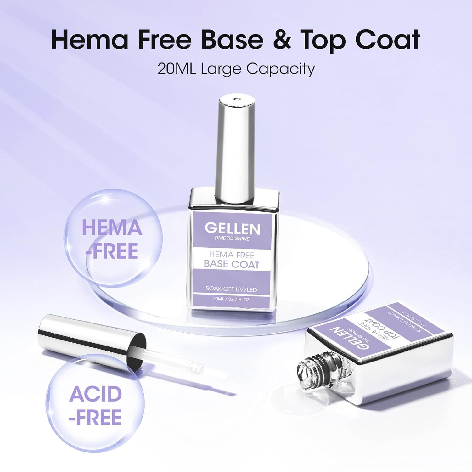 GELLEN 20ml Gel Base and Top Coat, Hema-Free Glossy Top Coat and Base Coat for Gel Nail Polish, No Wipe Soak Off Curing Needed Clear Nail Polish, Easy DIY Manicure Set-BrightBean Baby