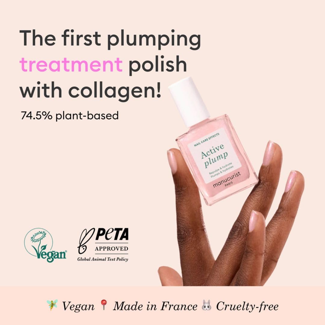 Manucurist Active Plump Nail Polish & Care - Collagen & Peach Extract - No Lamp - Nail Hydrator with Ultra-Glossy Baby Rose Shimmer for Instant Plumping Effect - Nail Volumizer - Vegan & Plant-Based-BrightBean Baby