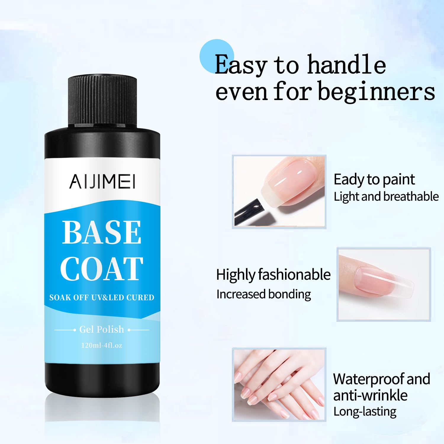AIJIMEI 120ml Base Coat Quick Dry Basecoat for Nails 4oz For Base Coat Gel Nail Polish for Nail Art Salon Home DIY LongLasting-BrightBean Baby