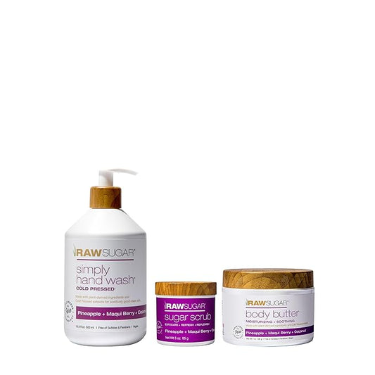 Raw Sugar Pineapple + Maqui Berry + Coconut Hand Soap, Body Scrub & Body Butter Bundle, Body Care for Dry Skin, Exfoliate and Moisturize, Hand Wash + Body Care - Formulated without Sulates and Paraben-BrightBean Baby