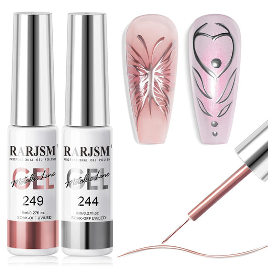 RARJSM Metallic Chrome Gel Liner Nail Art 3D Mirror Silver and Rose Gold Effect Gel Nail Polish 8ml Painting Build in Thin Brush Metal Painted Drawing Striper Gel Polish Curing Requires for Home Salon-BrightBean Baby