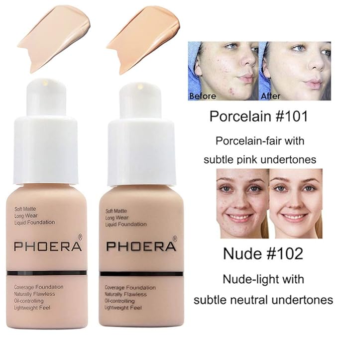 2 Pcs Liquid Foundation 101 and 102 with Kabuki Foundation Brush Flat Top,Full Coverage Foundation Makeup Set,30ml 24HR Matte Oil Control Concealer(Porcelain & Nude)-BrightBean Baby