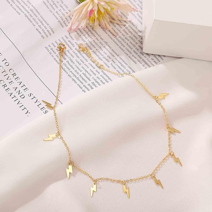 Boho Lighting Bolt Choker Necklace Gold Dangle Thunder Necklace Minimalist Collar Chain Necklace Weather Necklace Jewelry for Women and Girls-BrightBean Baby