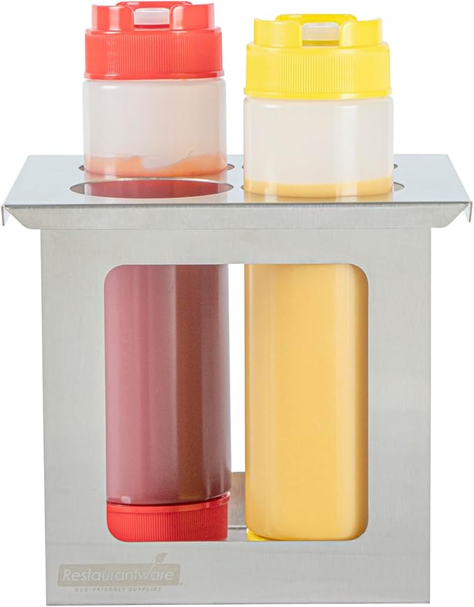Restaurantware Squeeze Bottle Holder Pack of 1 Stainless Steel 4 Hole Bottle Holder, 2.5" Diameter Fits 1/6 Size Opening, Dishwasher Friendly Integrated Lip Design Holder for Condiment Bottles
