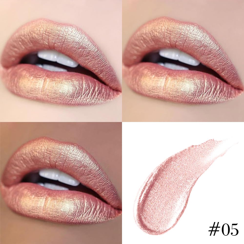 Kaely 2-in-1 Champagne Gold Metallic Lipstick and Lip Liner, Shimmer Liquid Metallic Lipsticks for Women, Glitter Lip Gloss Stain Long Lasting Waterproof Smudge Proof 24 Hour, Vegan Makeup, 05-BrightBean Baby