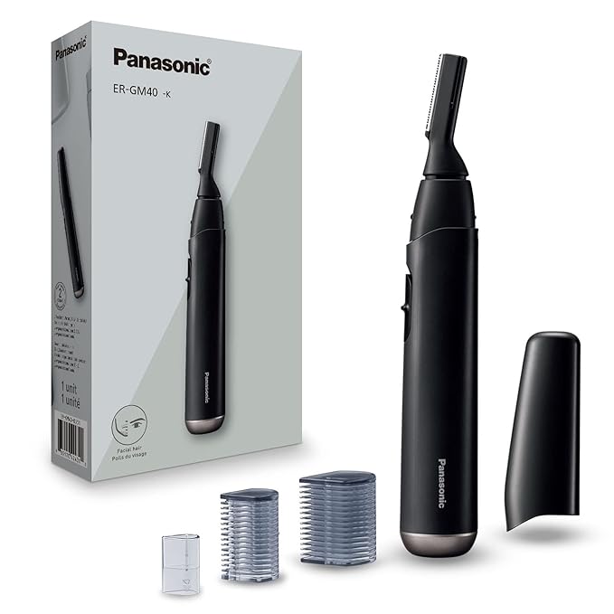 Panasonic Facial Hair Trimmer for Sensitive Skin, Unisex Detailer with Flexible Head, Gentle on Acne, Includes 2 Eyebrow Attachments, Wet/Dry - ER-GM40-K (Black)-BrightBean Baby