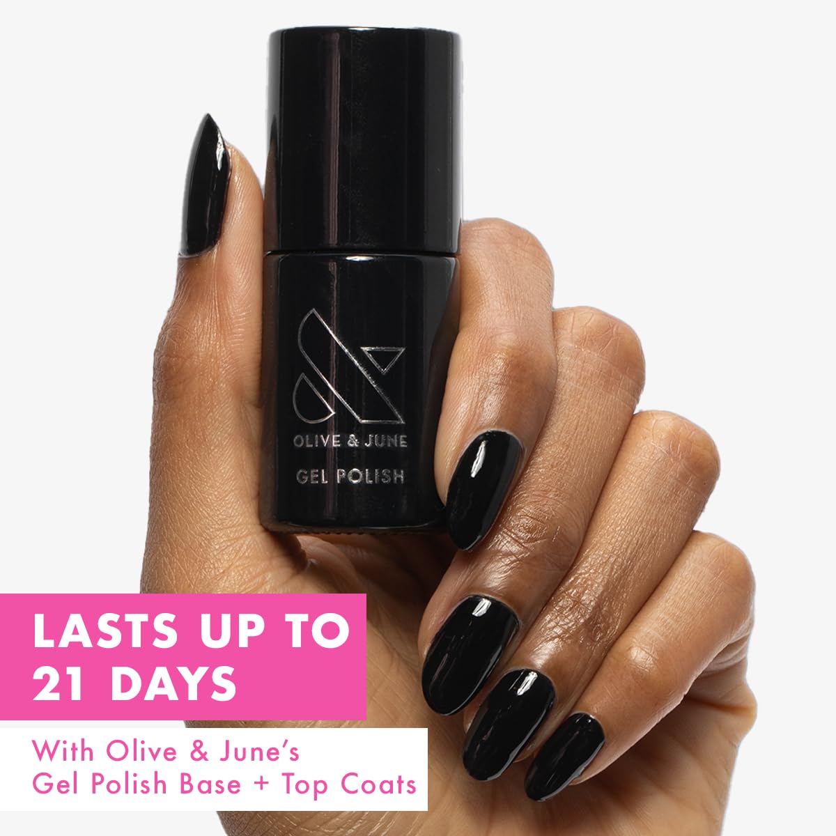 Olive & June Gel Polish | UV LED Nail Lamp Needed | Long Lasting Formula | Up to 21 Days of Wear | Damage-Free Removal | Salon-Quality Manicure, Pedicure at Home | E+M | Inky Black-BrightBean Baby