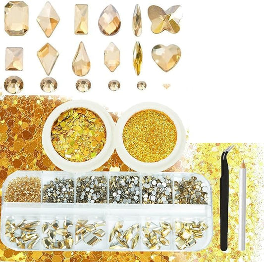 3 Boxes Champagne Gold Nail Rhinestones with Fine Glitters Kit, 60Pcs Big Glass Nail Gems with S6-S16 Flatback Round Stones,Crystals Nail Gem Stones for Faces Body DIY Crafts-BrightBean Baby