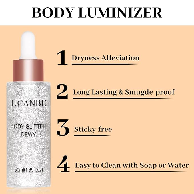 UCANBE Highlighter Makeup Drops Body Glitter Dewy Liquid Face Glow Shimmer for Women Holographic Luminizer Sparkles for Face (Silver Fairy White - 02)-BrightBean Baby