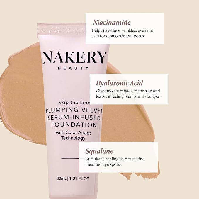 Nakery Full Coverage Foundation for Women - 5 in 1 Plumping Liquid Foundation Makeup - Serum Infused Makeup Foundation Smart Color Adapt with Niacinamide & Hyaluronic Acid for All Skin Types - Light-BrightBean Baby