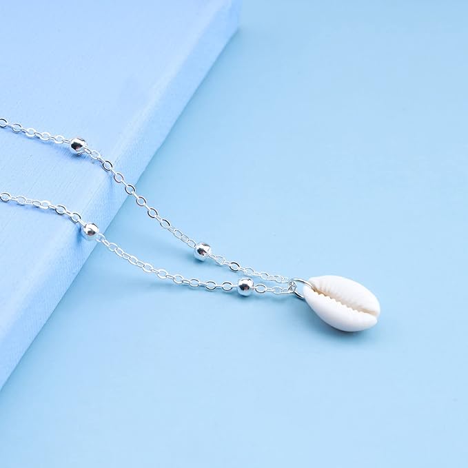 Bohemia Sea Shell Choker Necklace Natural Shell Pendant Necklace Minimalist Cowrie Necklace Silver Satellite Chain Necklace Jewelry for Women and Girls-BrightBean Baby