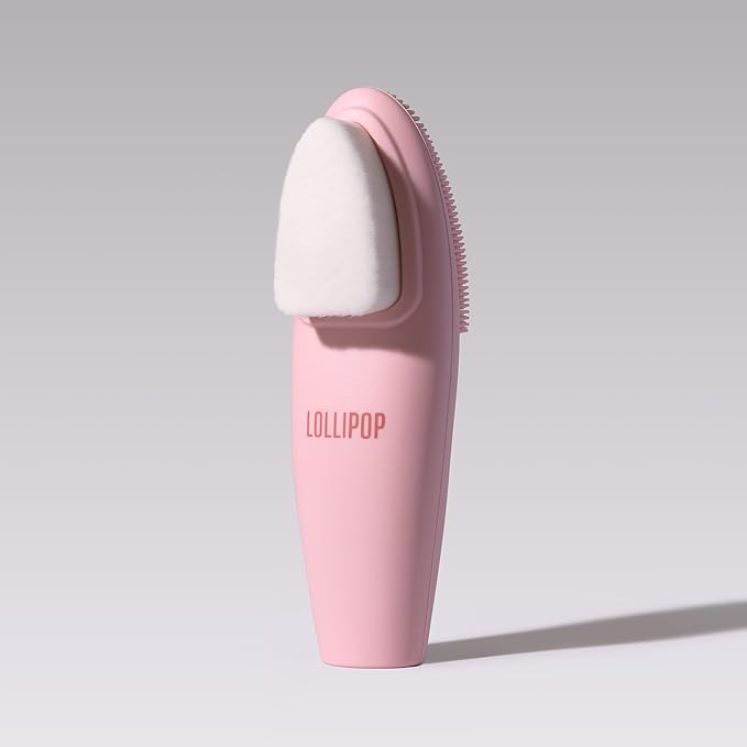 LOLLIPOP Dual-Sided Facial Cleansing Brush | Handle Size Silicone Face Exfoliator and Soft Fiber Cleanser | Manual Face Scrubber for Pores, Makeup Removal, Blackhead and Skincare Routine, Bubblegum-BrightBean Baby