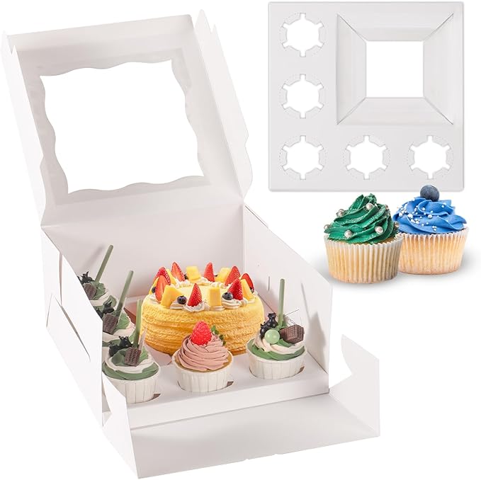 JCD 16 Pcs Valentine’s Day 1+5 Bento Cake and Cupcake Box for a under 6 inch Cake and 5 Cupcakes Box Family Dinner Birthday Party Picnic Gift Boxes Fit 5 Regular Cupcakes and Mini CakeS (1+5/16Pcs)