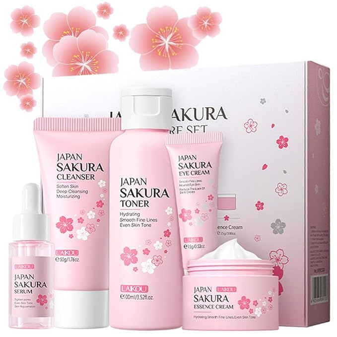 Sakura Skincare Gift Set, Skin Care Travel Kit with Cleanser, Toner, Serum, Eye Cream, Face Cream for Women Girls (5pcs)-BrightBean Baby