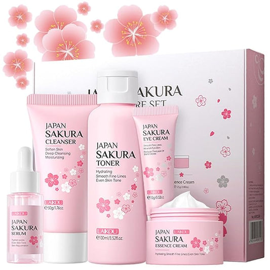 Sakura Skincare Gift Set, Skin Care Travel Kit with Cleanser, Toner, Serum, Eye Cream, Face Cream for Women Girls (5pcs)-BrightBean Baby