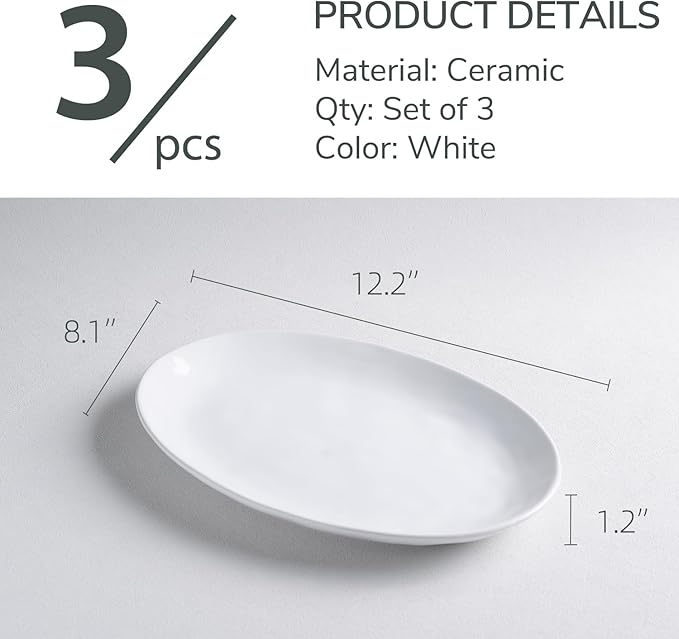 Porcelain Serving Platters, 12 Inch Large Serving Trays, Oval Serving Plates for Dessert Appetizers Meat/Entertaining/Party, Set of 3, White