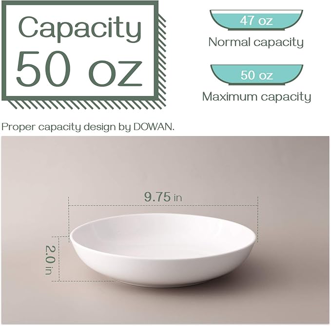 DOWAN 9.75" Pasta Bowls Set of 4, Large Shallow White Ceramic Salad Bowls, 50oz Wide Dinner Bowls for Pasta, Soup, Salad & Stew, Microwave & Dishwasher Safe, Housewarming Gift(Soft White)