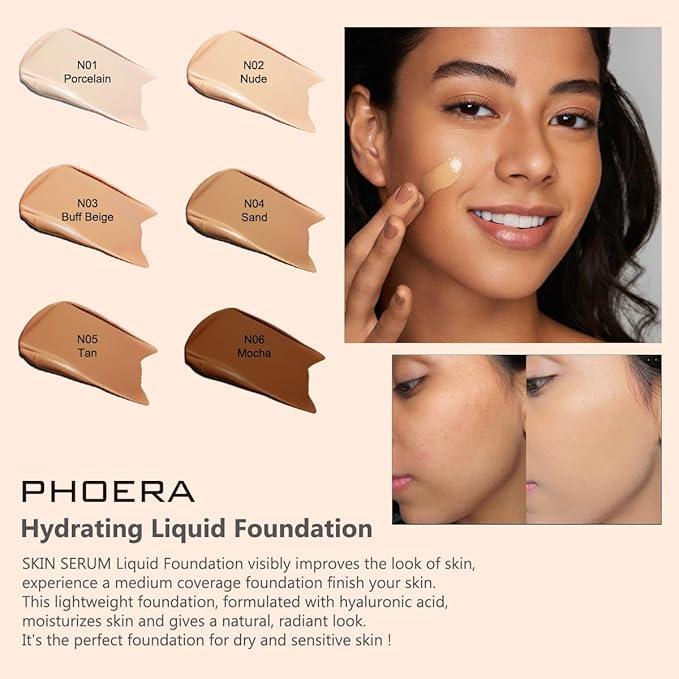 PHOERA Essence Foundation, Hypoallergenic Full Coverage Foundation Serum, Hydrating Light, Matte Oil Control.(N03 Buff Beige, norm)-BrightBean Baby