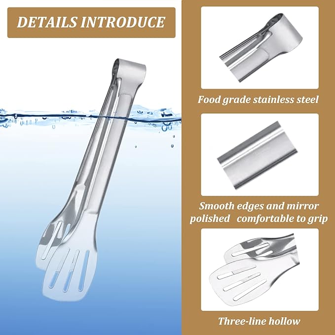 6PCS Serving Tongs, 7Inch Buffet Tongs, Stainless Steel Food Tong Small Serving Utensils for Cooking, Entertaining, Salad, Barbecue, Buffet, Toast and Steak by Sunenlyst (Stainless buffet tongs)