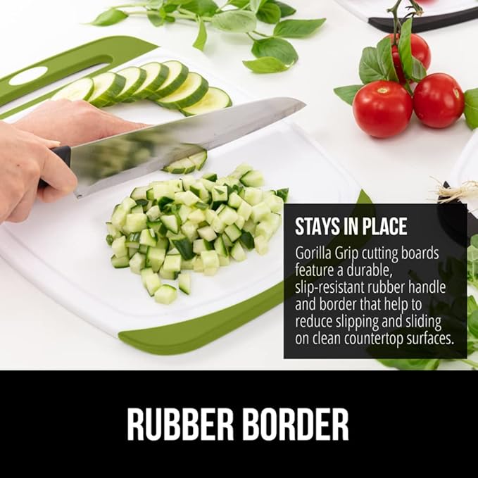 GORILLA GRIP BPA-Free Reversible Kitchen Cutting Board Set of 3 US Designed, Nonporous, Juice Grooves Catch Liquid, Slip Resistant Border, Dishwasher Safe Large Food Chopping Boards, Lime Orange Lemon