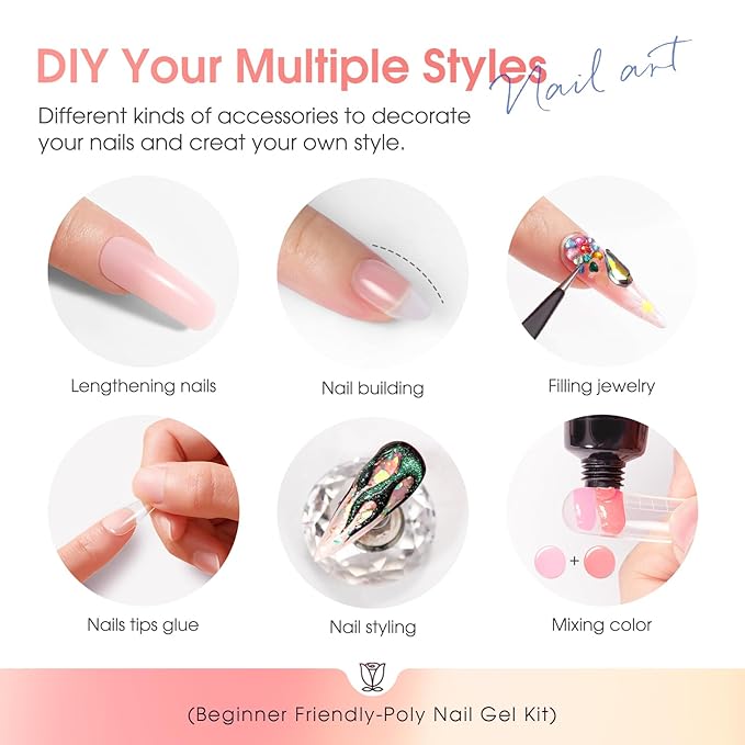 ROSALIND 28 Colors Poly Nail Gel Kit with Mini U V/LED Lamp White Nude Poly Nails Gel Kit Starter Kits With Slip Solution Pink Extensions Set for Nail Manicure Beginner-BrightBean Baby