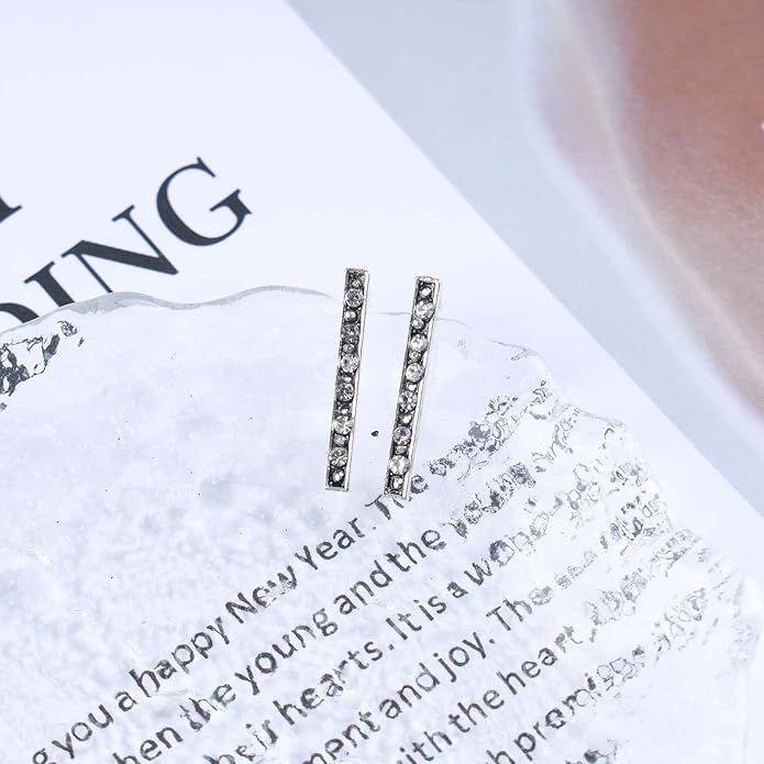 Geometric Crystal Bar Earrings Silver Cz Bar Stick Earrings Cz Rhinestone Bar Stud Earrings Silver Minimalist Earrings Jewelry for Women and Girls-BrightBean Baby