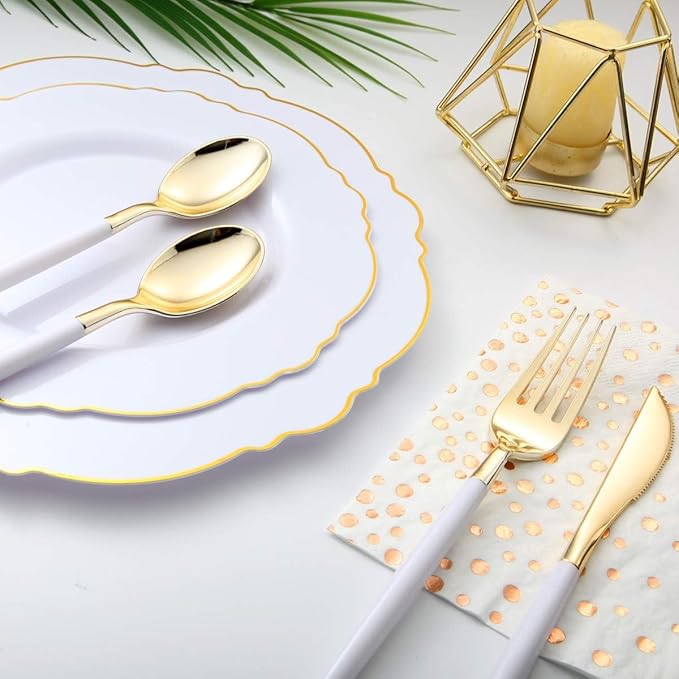 I00000 144Pcs Gold Plastic Silverware, Gold Plastic Utensils Set,Disposable Utensils Heavy Duty,Disposable Silverware Set Includes 48 Forks,48 Knives,48 Spoons for Party & Wedding