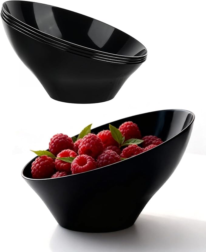 BESTVIP 20oz Black Plastic Serving Bowls for Party - 12 Pack Angled Disposable Serving Bowls, Party Bowls for Chips, Snacks, Fruit, Salad - Catering Bowls for Daily Use, Parties, Christmas