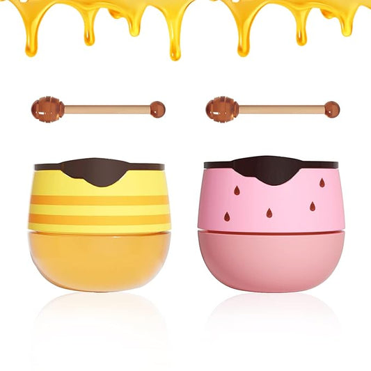 2PCS Bee Lip Balm Honey Pot,Honey Lip Balm With Honey Spoon,Honey Lip Mask Moisturizing Hydrating Prevents Dry and Chapped Lips,Lip Exfoliating Bee Lip Balm（Honey+Strawberry）-BrightBean Baby