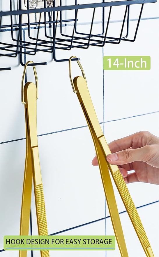 JETKONG 2 Pcs 14-Inch Cooking Tweezers Extra Long Stainless Steel Food Tweezers Kitchen Tweezer Tongs (Gold)