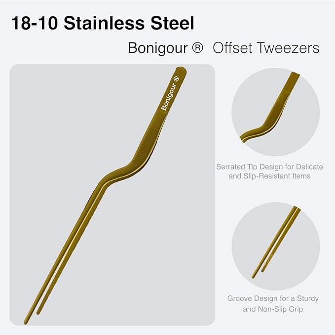8 Inch Precision Offset Tweezers, Kitchen Culinary Stainless Steel Tongs, Curved Kitchen Cooking Multi-function Chef Precision Tweezer Tongs for Plating, Food Decorating and ect (Gold)
