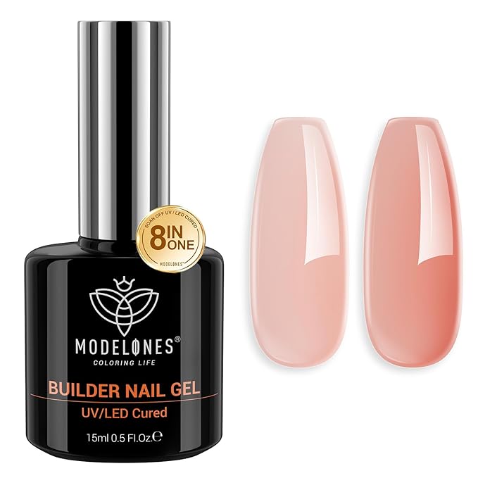 modelones Builder Nail Gel, 8-in-One Sheer Nude Pink Builder, Apricot Blush Pink Rubber Base for Nail Thickening Apex Building LED Lamp Cured Hard Strengthener Extend Color Gel Polish for DIY Salon-BrightBean Baby