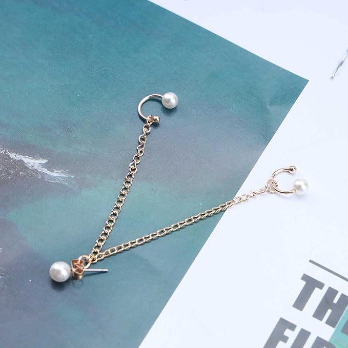 Vintage Pearl Cuff Chain Earrings Gold Chain Ear Cuffs Dangle Chain Cartilage Earrings Pearl Studs Earrings Cartilage Helix Earrings Helix to Lobe chain earrings Jewelry for Women and Girls (Gold A)-BrightBean Baby