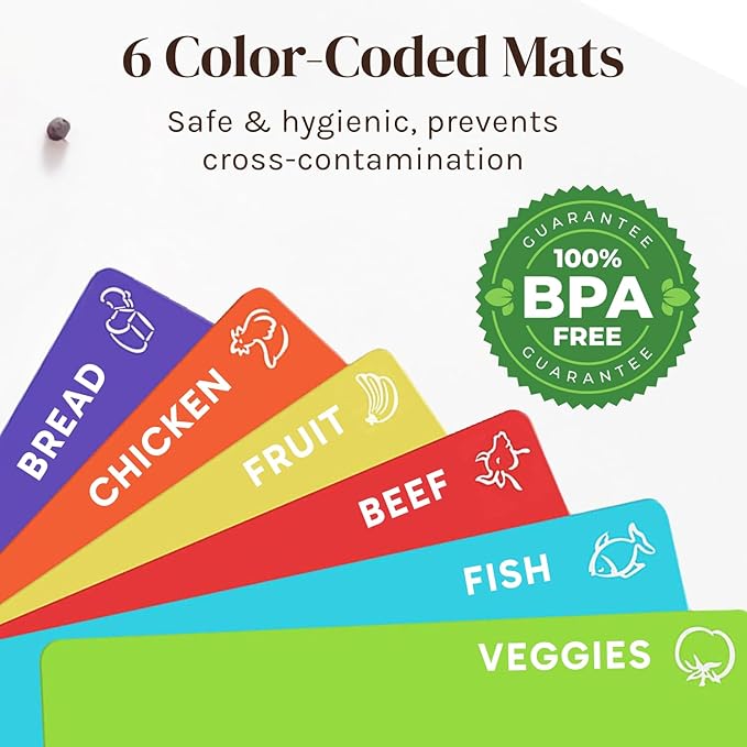 Bamboo Wood Cutting Board Set, Bamboo with 6 Color Coded Flexible Plastic Chopping Mats with Food Icons, Wooden Cutting Boards for Kitchen, Wooden Chopping Board Set Non Toxic Dishwasher Safe