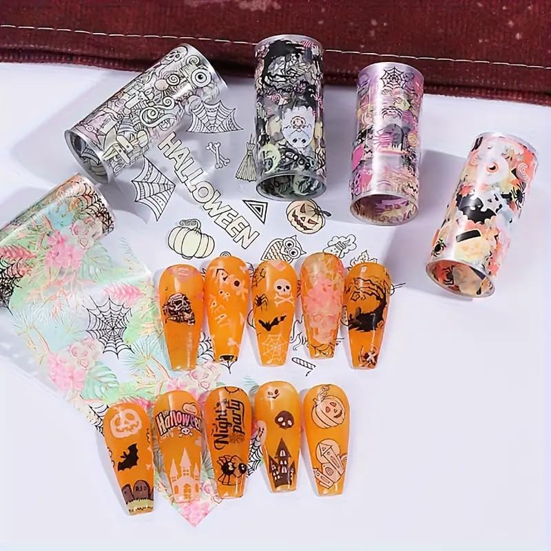 Halloween Nail Foils Transfers - Ghost Pumpkin Skull Bat Spider Web Black Cat Design, Gold & Holographic Foil Stickers for Nail Art, Manicure Decals for DIY Acrylic Nails, 10 Sheets-BrightBean Baby