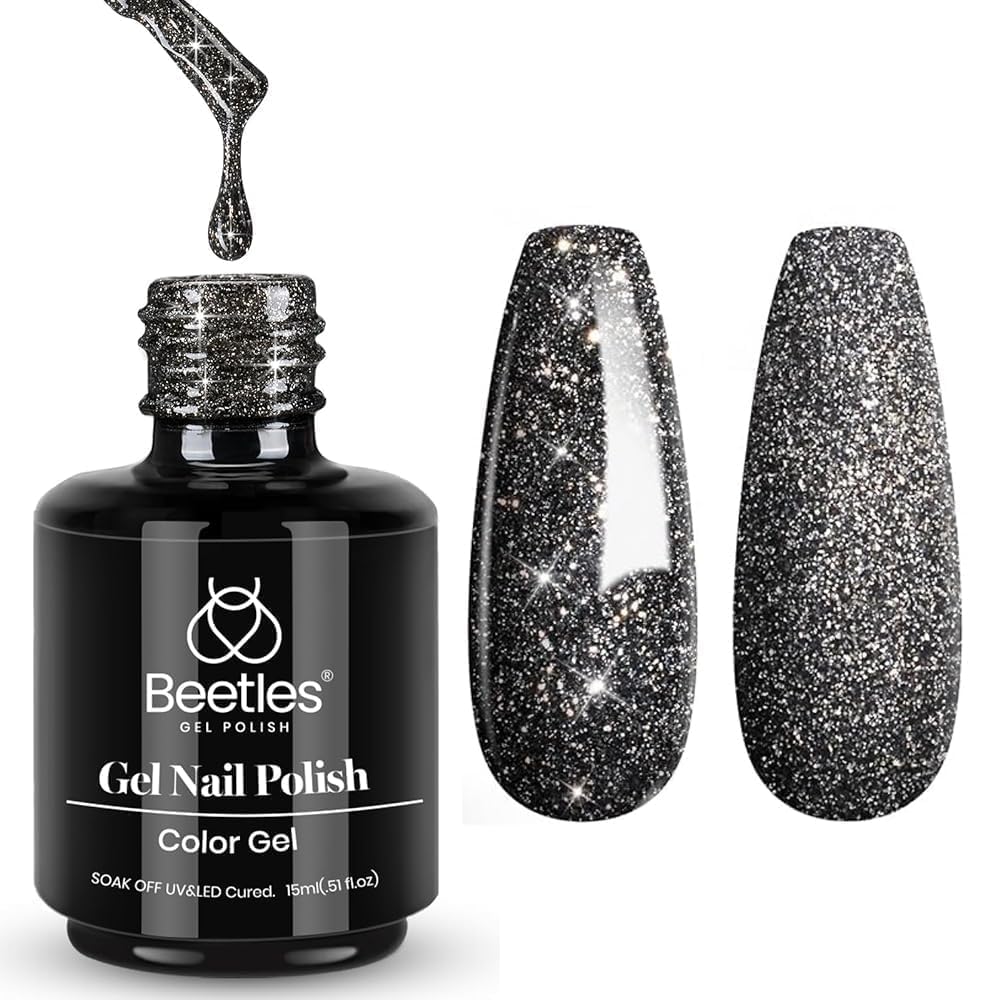 Beetles Black Gel Nail Polish, 1Pcs 15ML Glitter Gel Nail Polish Black Sparkle Reflective Shimmer Color Soak Off UV Lamp Disco Nail Art Manicure Salon DIY at Home Gifts for Her-BrightBean Baby