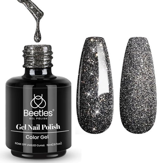 Beetles Black Gel Nail Polish, 1Pcs 15ML Glitter Gel Nail Polish Black Sparkle Reflective Shimmer Color Soak Off UV Lamp Disco Nail Art Manicure Salon DIY at Home Gifts for Her-BrightBean Baby