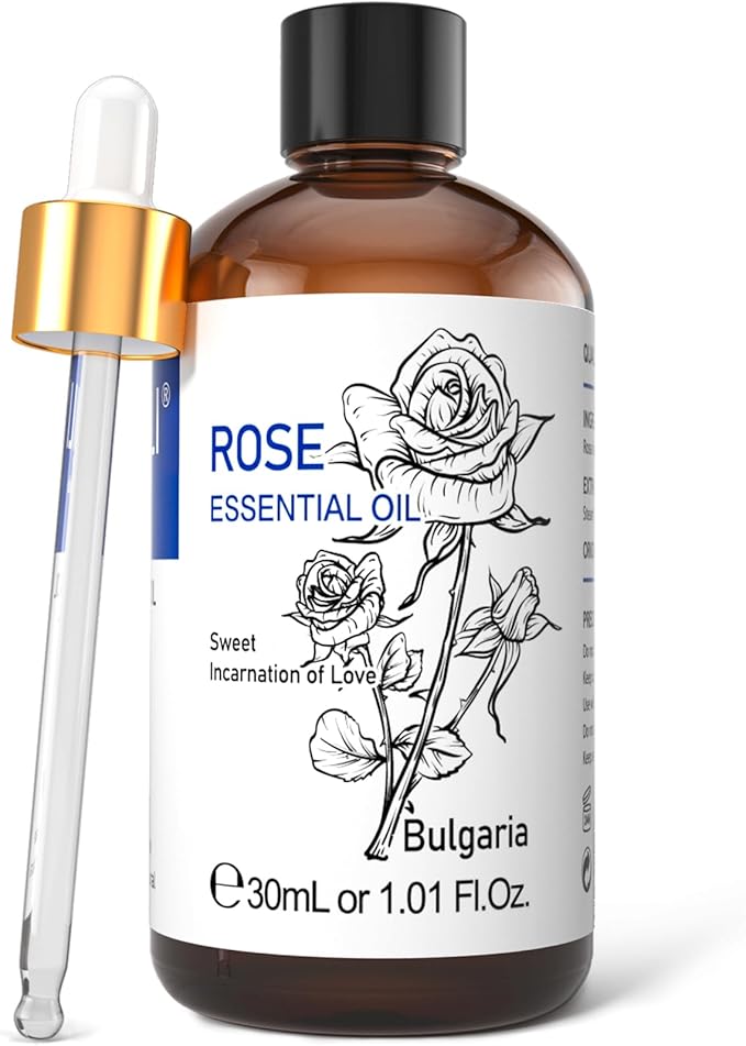 HIQILI Rose Essential Oil 1 Fl Oz, 100% Natural Therapeutic Grade for Aromatherapy, Diffuser, Skin Care, Massage, Includes Premium Quality Glass Dropper-BrightBean Baby