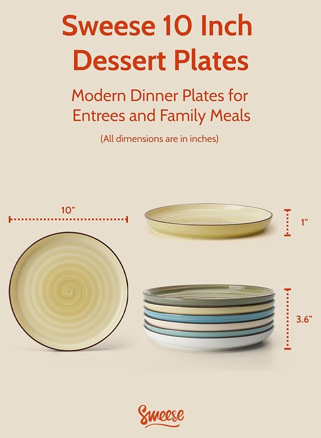 Sweese 10 Inch Porcelain Dinner Plates Set of 6 - Round Green Dishes for Main Courses, Salad, Microwave Dishwasher Safe