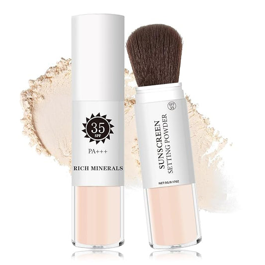 Mineral Sunscreen Setting Powder Mineral Brush Powder SPF 35 PA+++ Oil Control Matte Effect Lightweight Breathable Translucent Powder Setting Powder Sunscreen Makeup for Face with Brush-01 Translucent-BrightBean Baby
