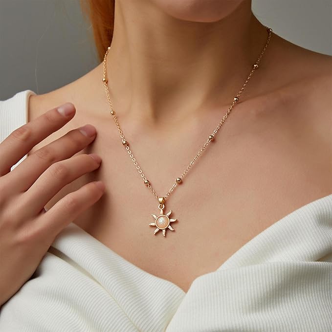 Bohemia Sun Choker Necklace Chain Sunflower Opal Pendant Necklace Gold Satellite Necklace Minimalist Sunflower Necklace Chain Jewelry for Women and Girls-BrightBean Baby