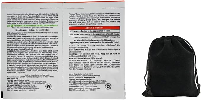 Palmer's Cocoa Butter Formula Skin Therapy Oil and Massage Lotion for Stretch Marks, Travel Pack, 0.68 FL OZ, Intensive Hydration, Skin Elasticity, Pregnancy Safe, Paraben-Free, 30 CT, W/Travel Pouch-BrightBean Baby