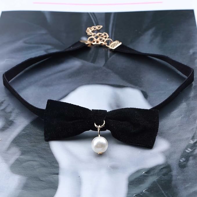 Vintage Satin Choker Necklace Pearl Pendant Necklace Black Bow Necklace Punk Leather Collar Necklace Chain Jewelry for Women and Girls-BrightBean Baby