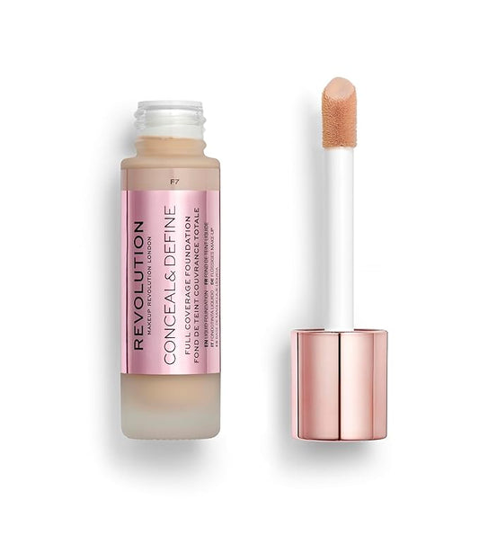 Revolution Beauty, Conceal & Define Foundation, Full Coverage, Long-Lasting Matte Finish, Vegan & Cruelty Free, F7 Medium Skin Tones, 0.8 Fl.Oz.-BrightBean Baby